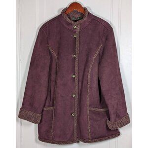 LL Bean Jacket Womens XL Petite Purple Button Sherpa Lined Chore Faux Suede Coat